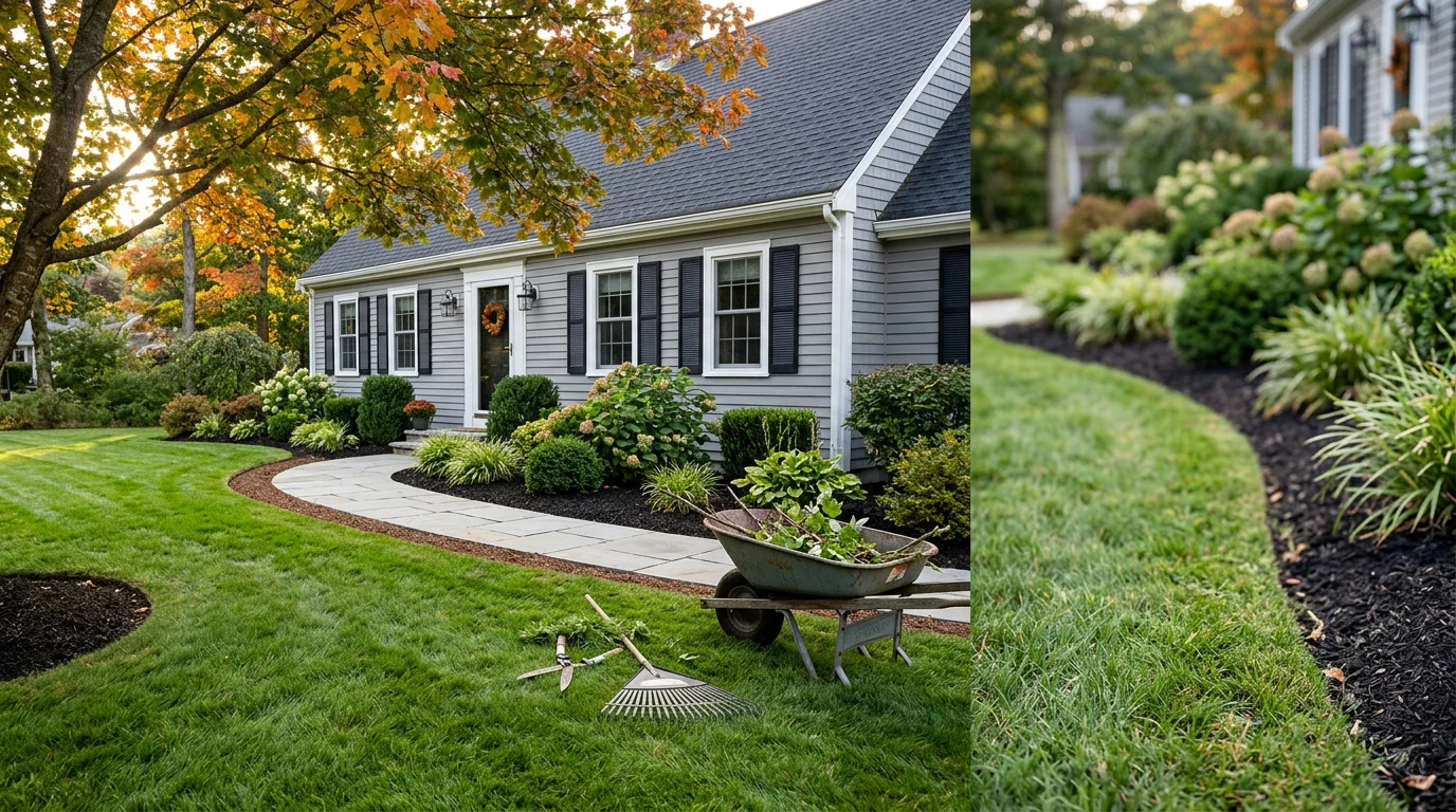 Landscaper maintaining a lawn and garden beds at a home in Taunton, Massachusetts
