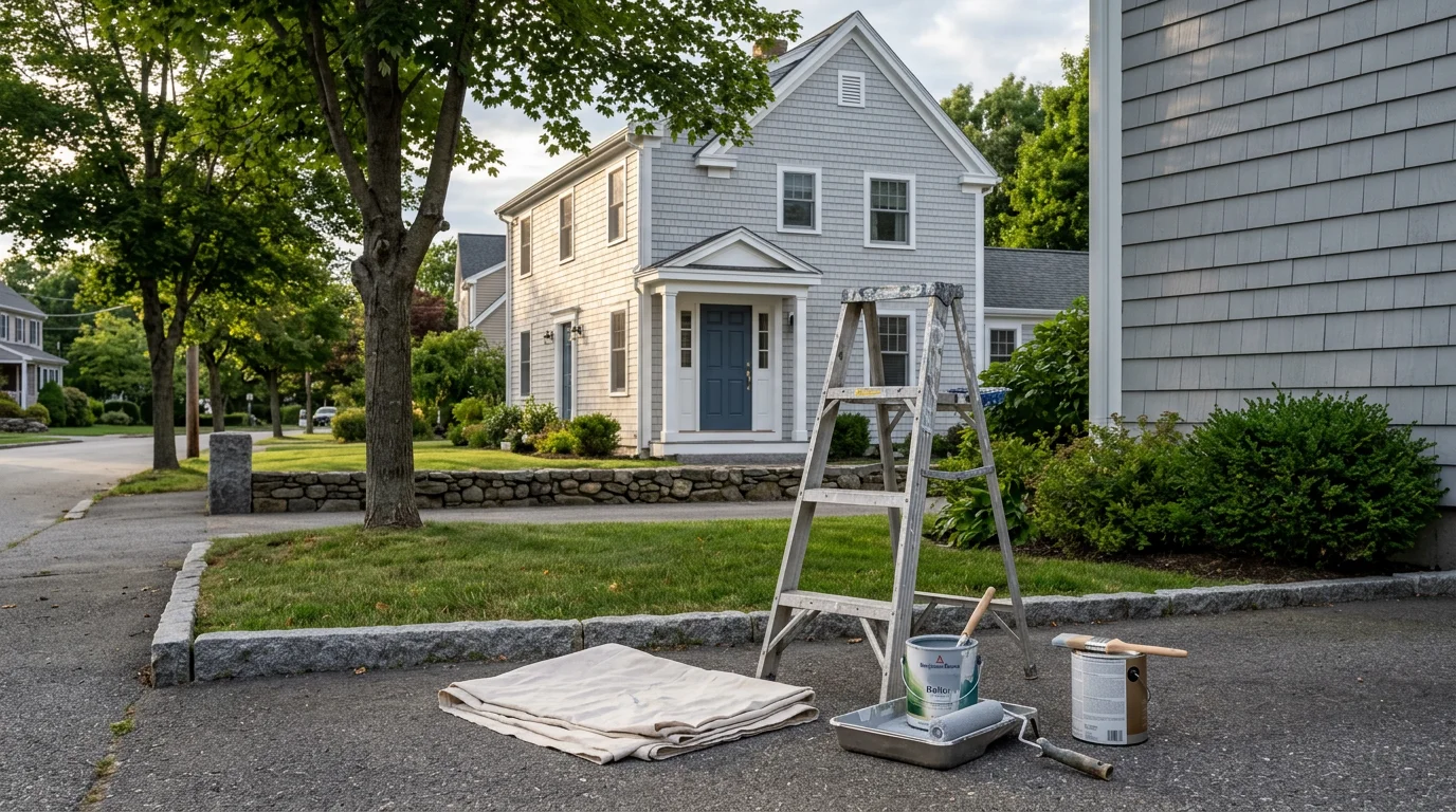 Painter working on an exterior wall of a home in Taunton, Massachusetts