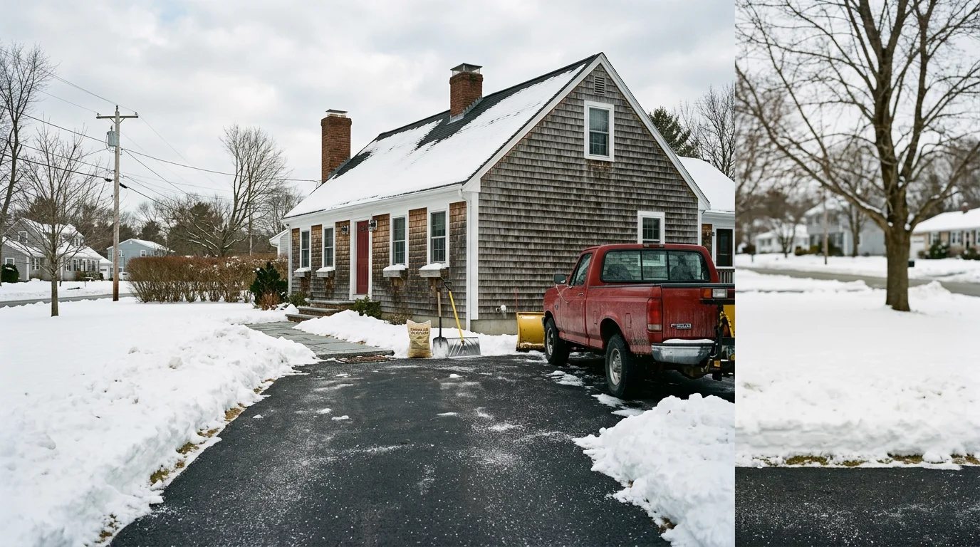 Snow removal crew clearing a driveway in Wareham, Massachusetts