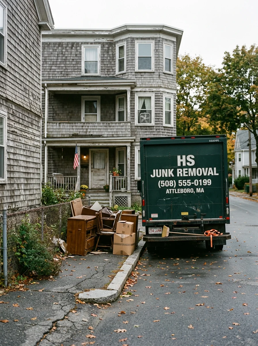 Junk removal truck parked in front of a multi-family home in Attleboro, MA