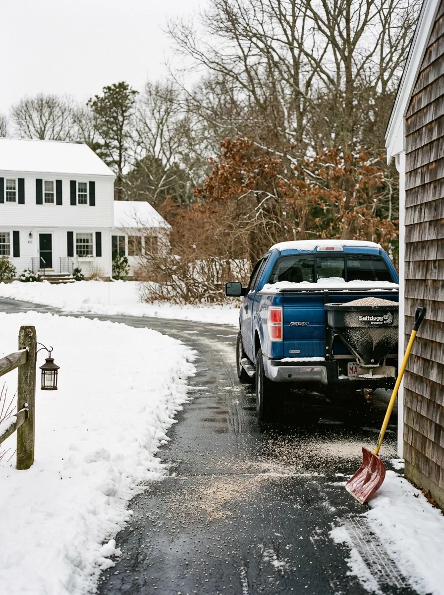 Snow-covered driveway being plowed and salted at a residential property in Bourne, MA