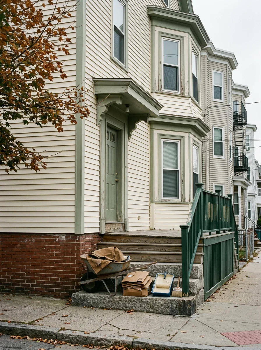 Exterior painting on a Fall River multifamily home with a bay window