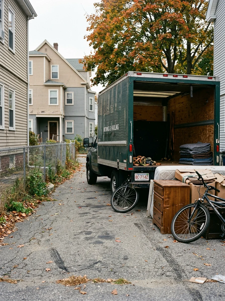 Crew loading junk removal debris from a New Bedford driveway into a truck