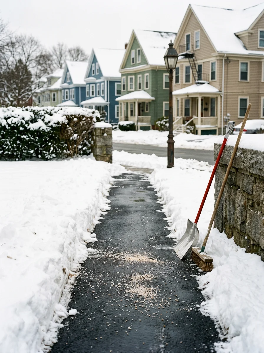 Snow plowing and salting a residential driveway in Providence County, Rhode Island after a winter storm