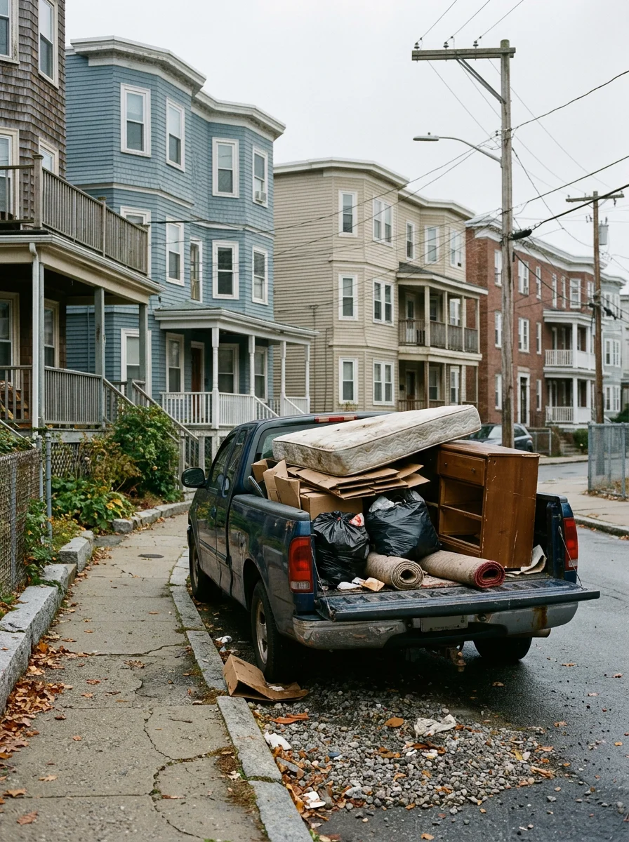 Stacked household items and debris being loaded from a Providence multi-family home
