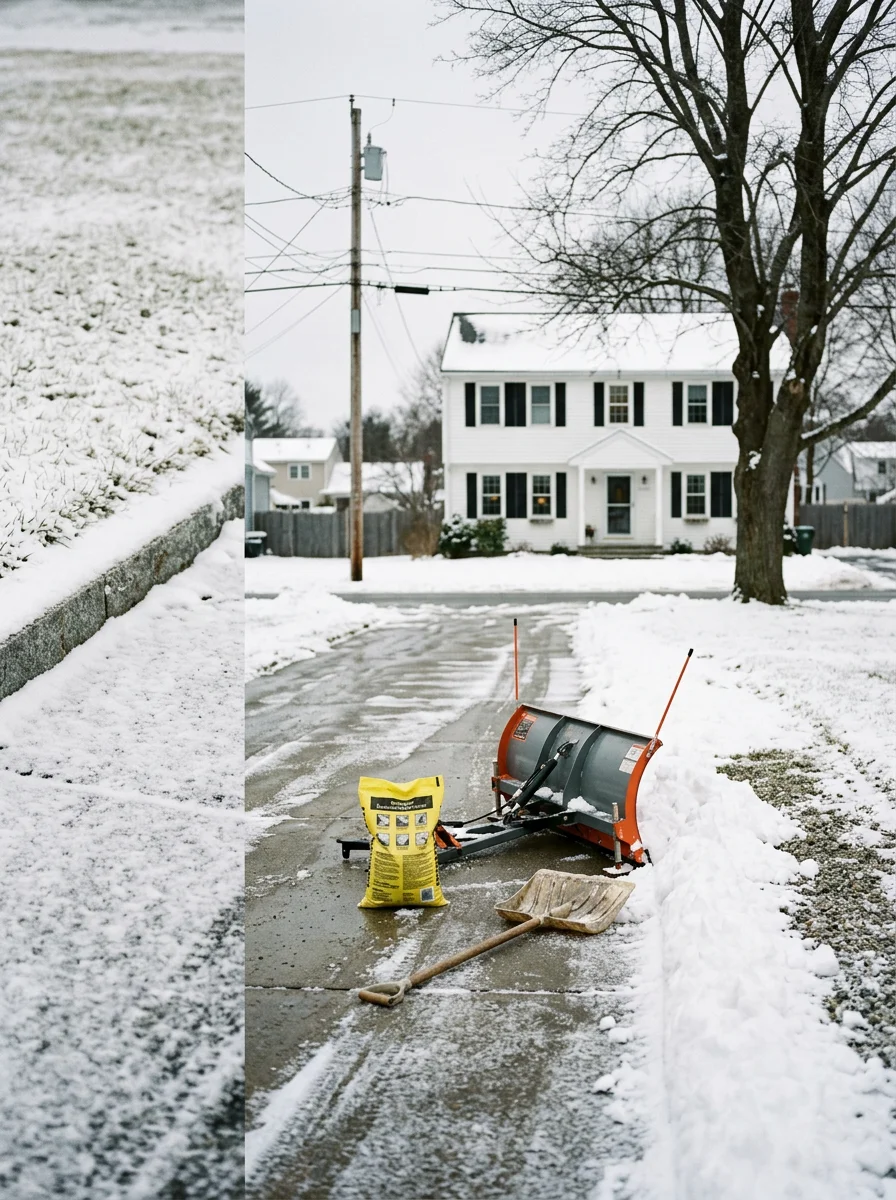 Snow plow clearing a residential driveway in Raynham, Massachusetts