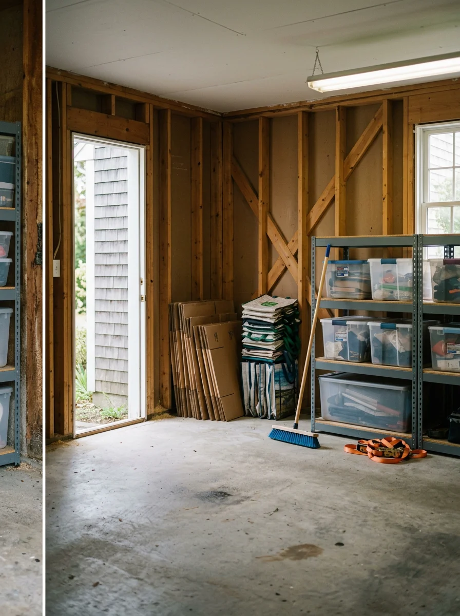 Cleared garage interior at a Rochester, MA home after a cleanout service