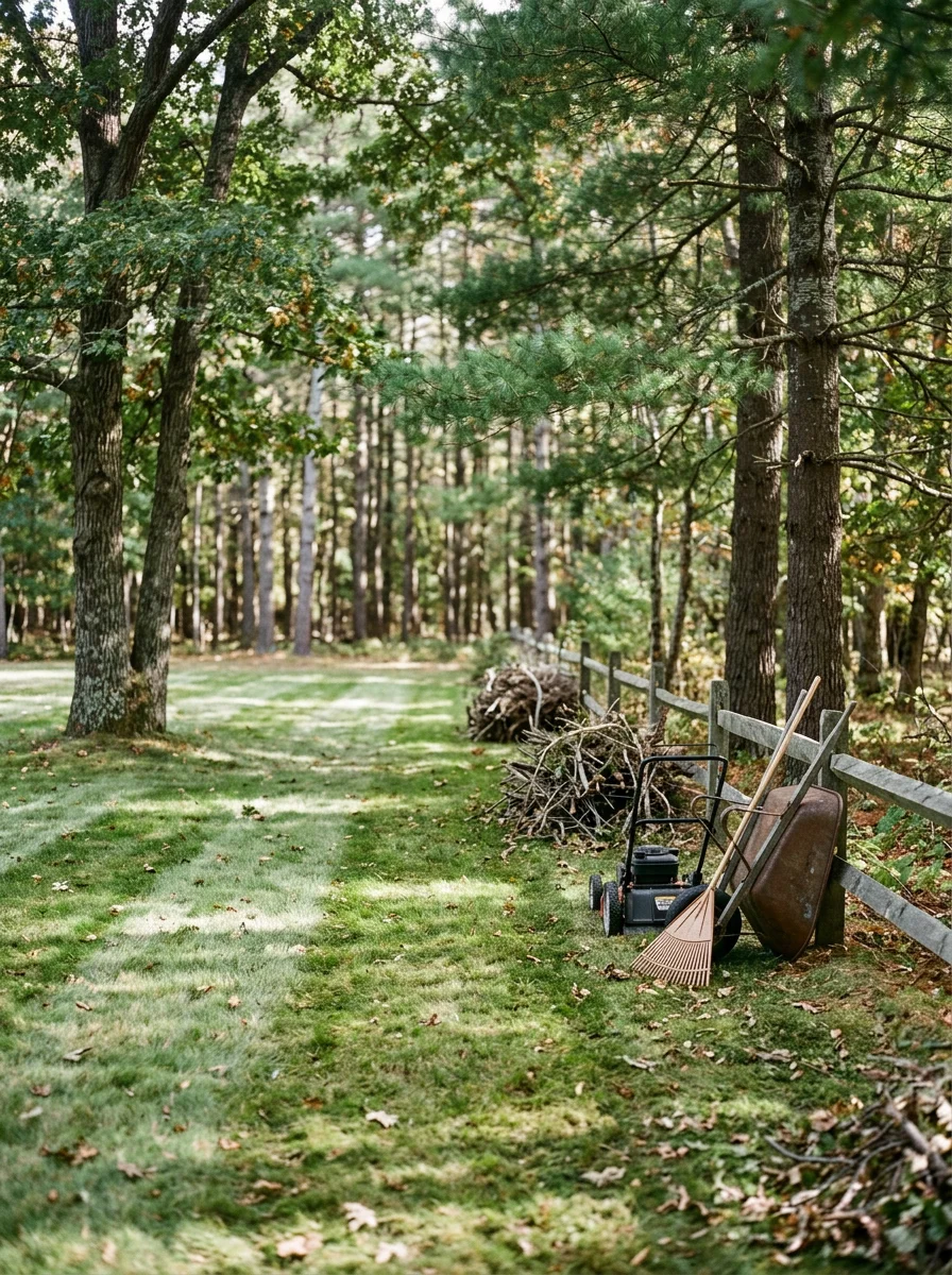 A freshly mowed lawn on a large wooded lot in East Taunton, Massachusetts, with trimmed edges and cleared brush along the property line.
