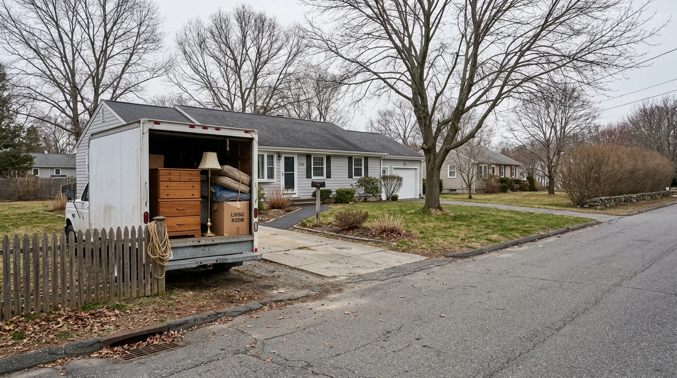A junk removal truck parked in front of a mid-century ranch home in Taunton, Massachusetts, with furniture and debris loaded in the bed ready for hauling.