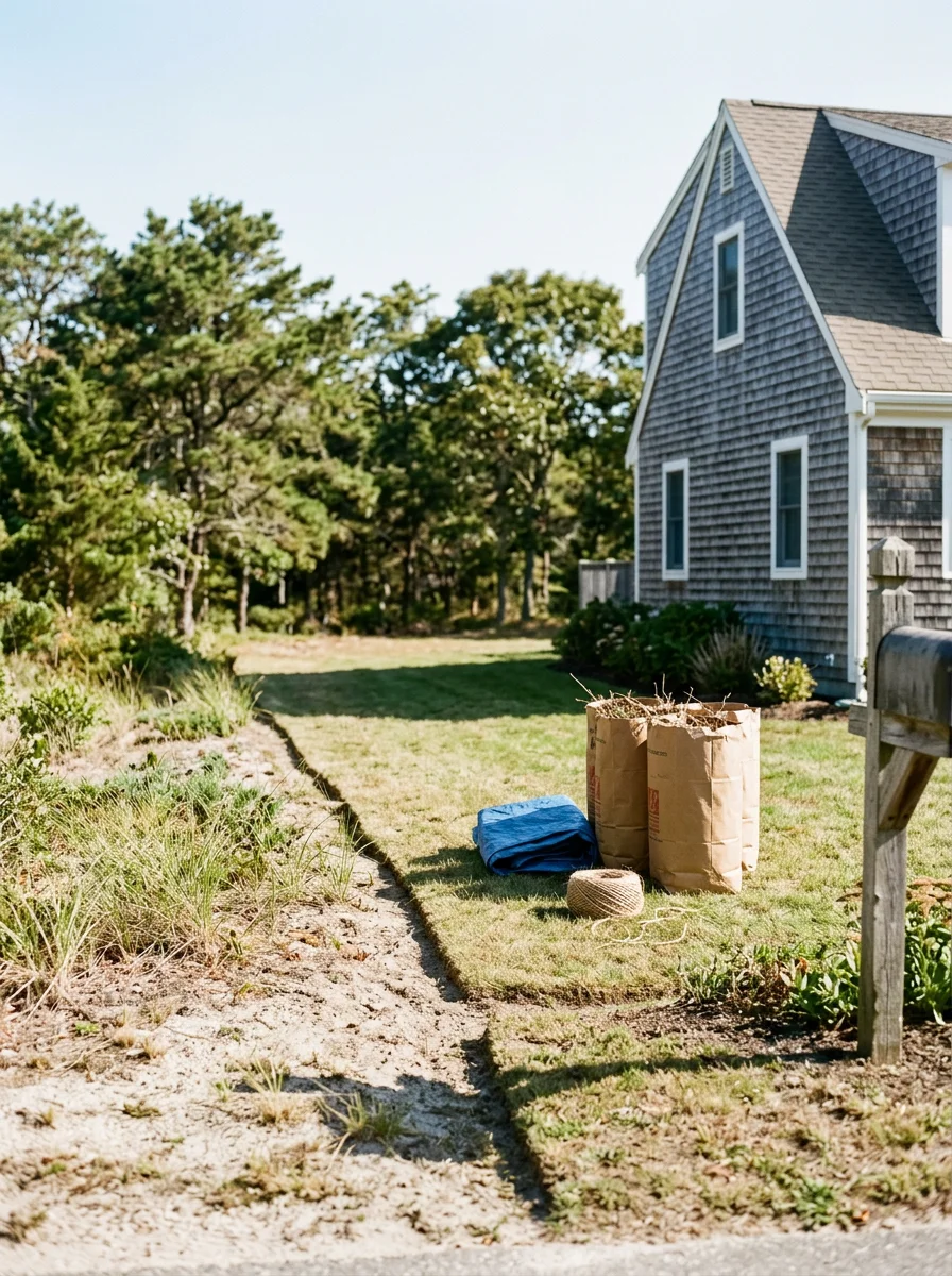 A cleared and freshly maintained lawn at a year-round residential property in West Wareham, Massachusetts, with sandy soil and trimmed edges visible.