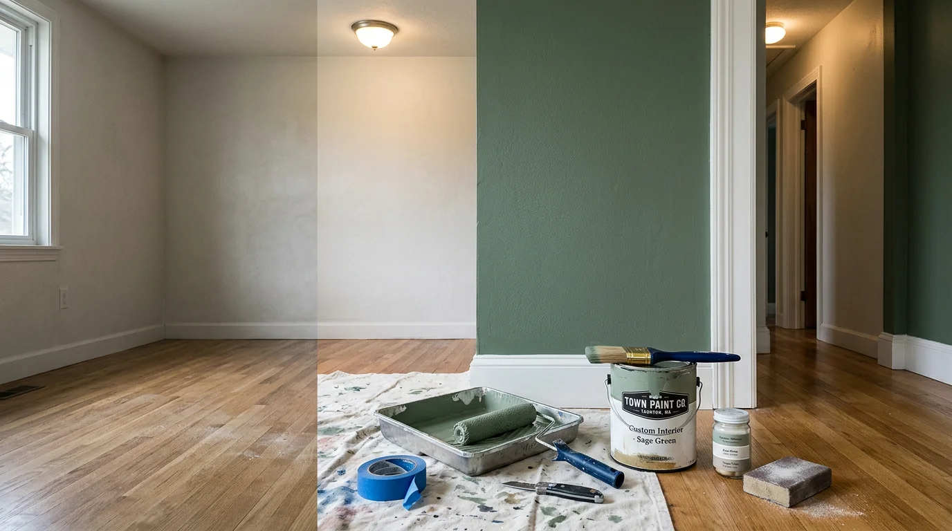 Interior room in a Taunton, Massachusetts home showing freshly painted accent wall with clean trim and matched cabinet finish. Custom painting work completed by HS Junk Removal and Property Services.