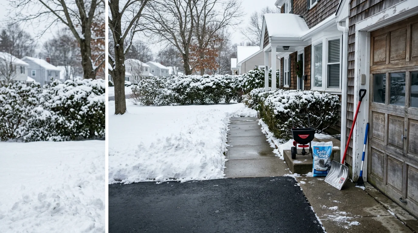 A residential driveway in Taunton, Massachusetts fully cleared of snow after a winter storm, with snow pushed to the edges and the path to the front walkway open. A snow plow truck is visible at the end of the driveway on a grey winter morning.