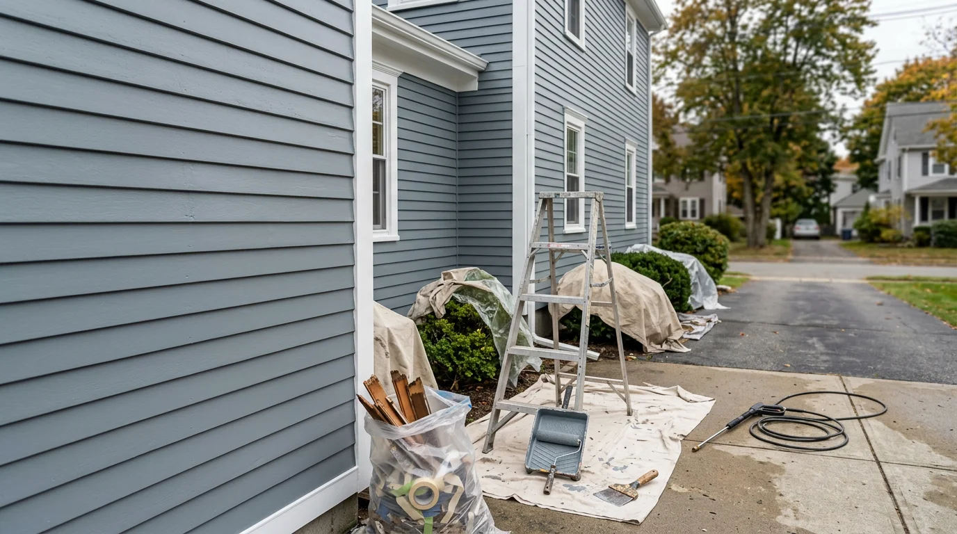 Freshly painted exterior of a two-story clapboard home in Taunton, Massachusetts, with clean trim and a consistent finish on the siding. Surface prep and painting completed ahead of the fall season.