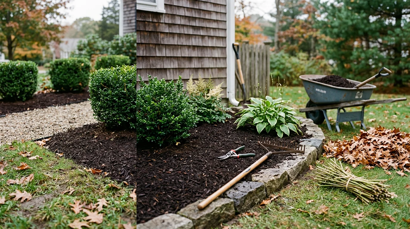 Freshly mulched and edged garden beds at a residential property in Taunton, Massachusetts, with cleared borders and neatly maintained plantings after a seasonal gardening service visit.