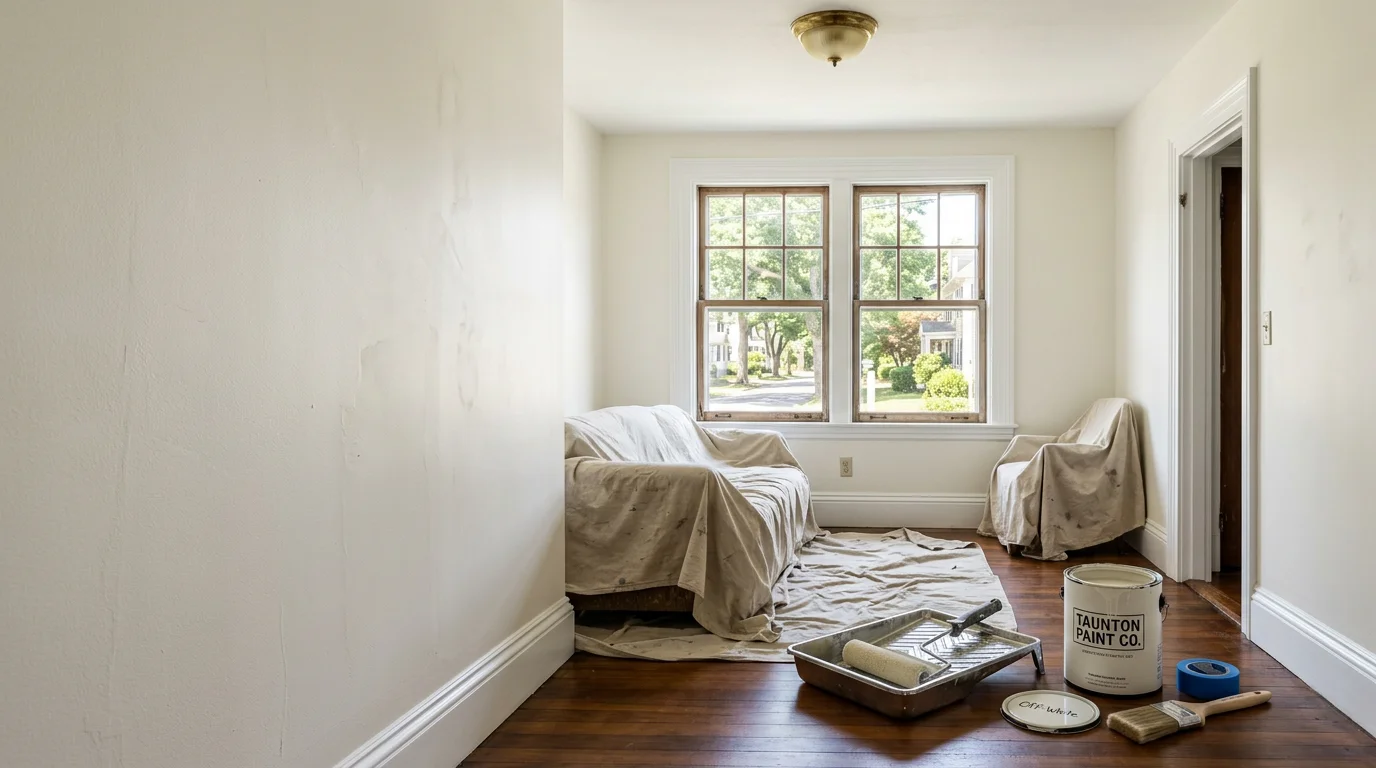 Freshly painted interior living room walls and white trim in a residential home in Taunton, Massachusetts. Drop cloths cover the hardwood floor and furniture is centered in the room during the painting process.
