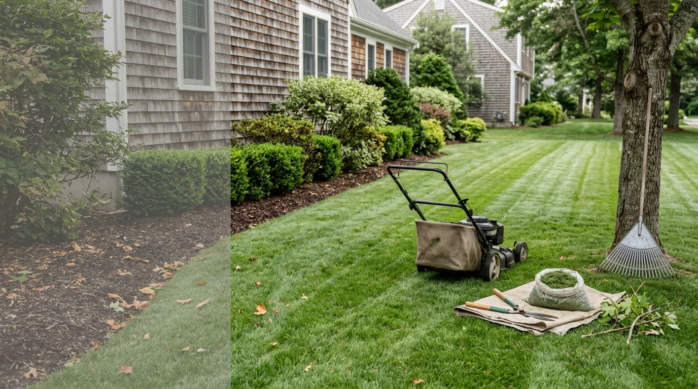 A neatly mowed residential lawn with trimmed hedges along the property edge in Taunton, Massachusetts. The grass is cut evenly and the beds are clear of debris following a seasonal maintenance visit.