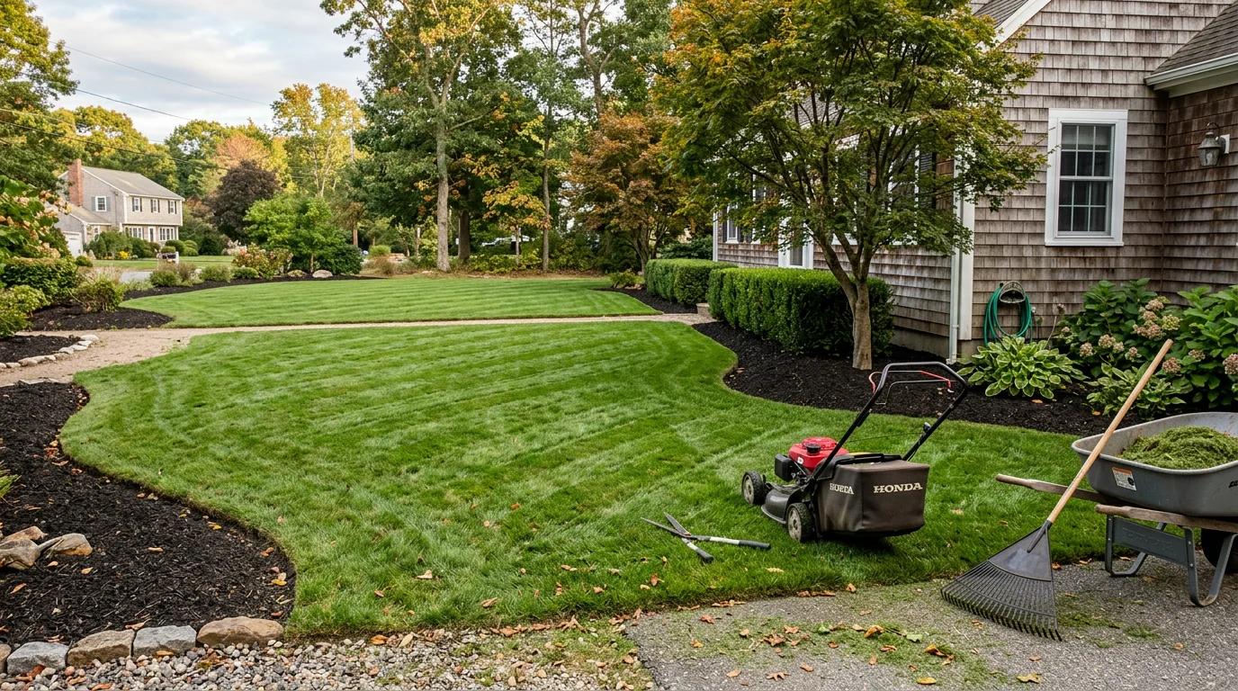 A neatly mowed residential lawn in Taunton, Massachusetts with clean edges along a driveway and trimmed shrubs along the property border. The grass is cut to an even height with visible mowing lines across the yard.