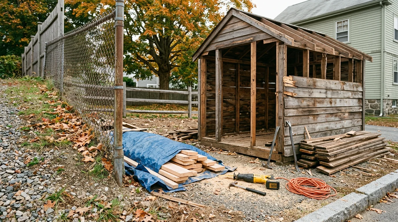 A cleared residential backyard in Taunton, Massachusetts after lite demolition service, with an old shed removed and the ground left clean. Debris has been hauled away, leaving open space on the property.