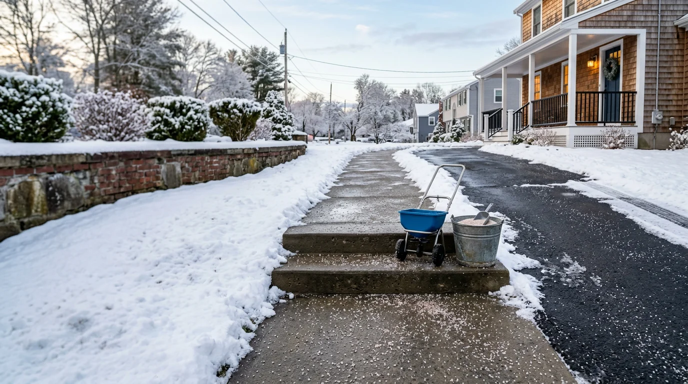 Salt spread across an icy residential driveway in Taunton, Massachusetts after a winter storm, with treated pavement visible against surrounding snow. A walkway leading to a front door shows cleared, salted steps with no ice buildup.
