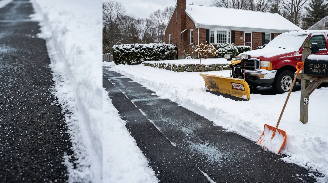 A plow truck clearing a snow-covered residential driveway in Taunton, Massachusetts after a winter storm. The driveway surface is fully cleared down to the pavement with pushed snow banks visible along the edges.